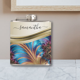 Modern Fractal Blue Gold Handwritten Name Hip Flask