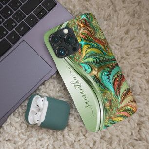 Modern Fractal Green Handwritten Name iPhone 15 Mini Case