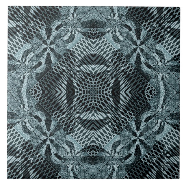 Modern Fractal Grid Floral Blue Beauty Ceramic Tile (Front)