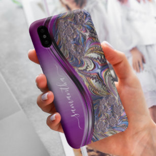 Modern Fractal Purple Handwritten Name iPhone 12 Case