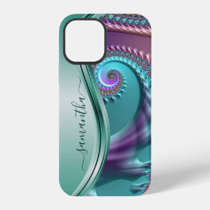 Modern Fractal Teal Purple Handwritten Name iPhone 12 Case