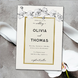 Modern Frame Black White Orchids Gold Wedding Invitation
