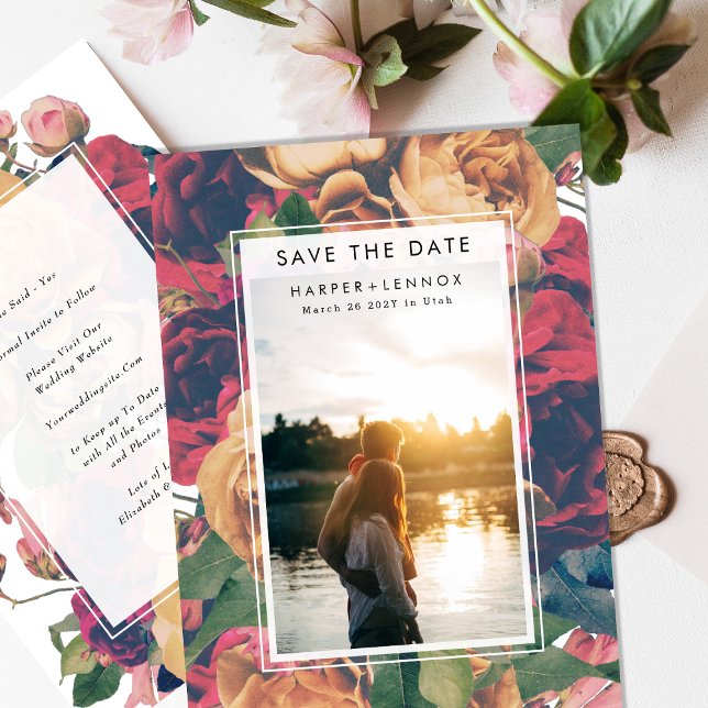 Modern Frame Boho Antique Roses Editable Photo Save The Date (Creator Uploaded)