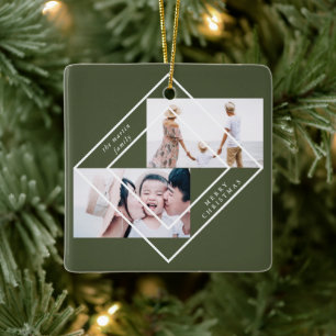 Modern Frame Green Two Photo Merry Christmas Ceramic Ornament
