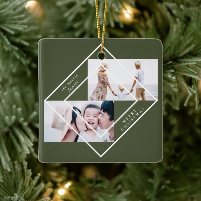Modern Frame Green Two Photo Merry Christmas Ceramic Ornament (Tree)