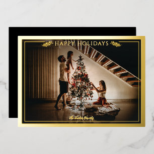 Modern Frame Happy Holidays Photo Black Gold Foil Holiday Card