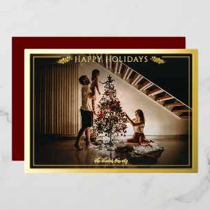Modern Frame Happy Holidays Photo Red Gold Foil Holiday Card