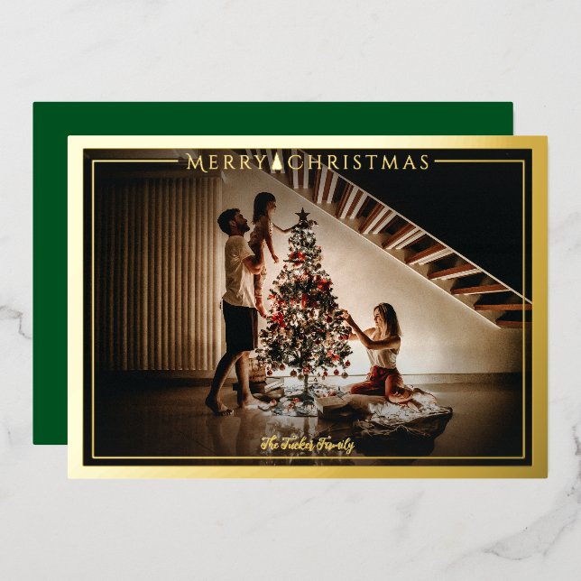 Modern Frame Merry Christmas Photo Green Gold Foil Holiday Card (Front/Back)