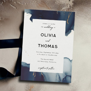 Modern Frame Navy Blue Gold Elegant Beach Wedding Invitation