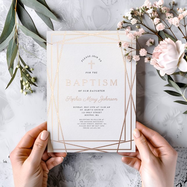 Modern Frame Pink Girl Baptism Rose Gold (Modern Frame Pink Girl Baptism Rose Gold Foil Invitation)