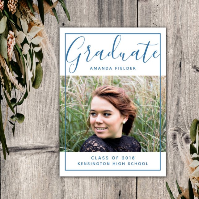 Modern Framed Graduation Photo | Blue Invitation (Blue Modern Framed Graduation Photo Announcement)