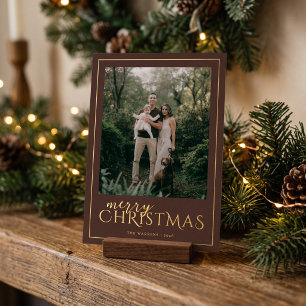 Modern Framed Merry Christmas Photo Collage Brown Foil Holiday Card