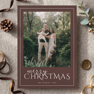 Modern Framed Merry Christmas Photo Collage Brown Holiday Card