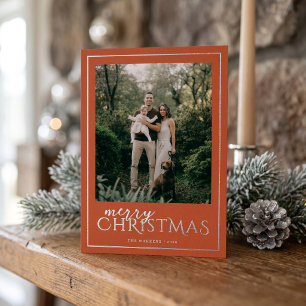 Modern Framed Merry Christmas Photo Collage Orange Foil Holiday Card