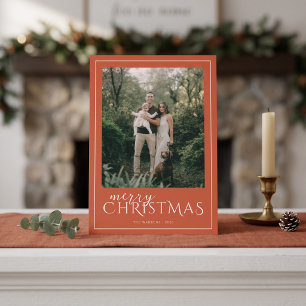 Modern Framed Merry Christmas Photo Collage Orange Holiday Card