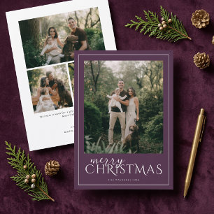 Modern Framed Merry Christmas Photo Collage Purple Holiday Card