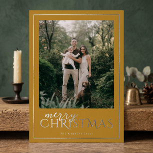Modern Framed Merry Christmas Photo Collage Yellow Foil Holiday Card