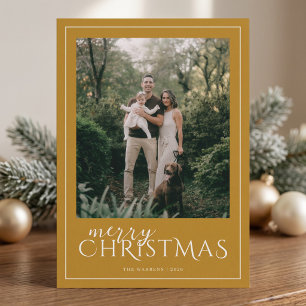 Modern Framed Merry Christmas Photo Collage Yellow Holiday Card