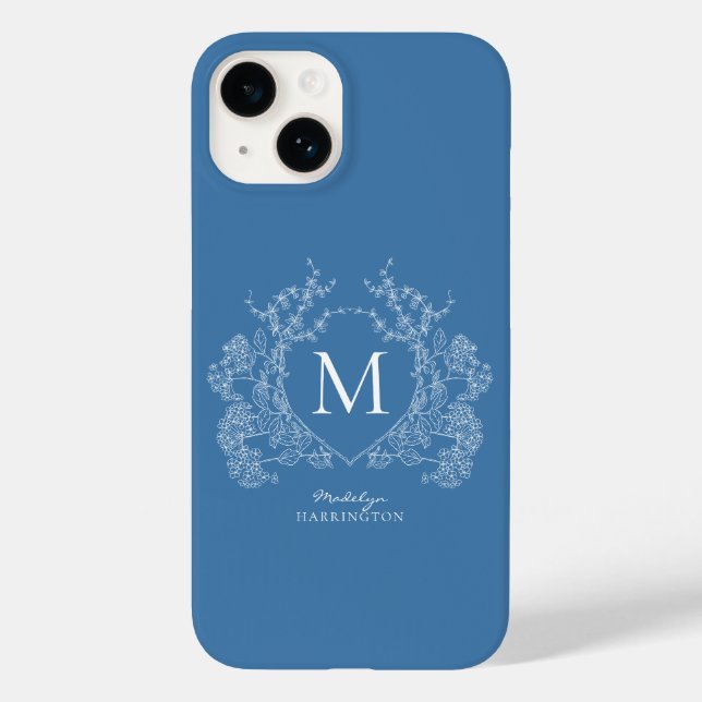Modern French Blue Floral Crest Monogram Case-Mate iPhone Case (Back)