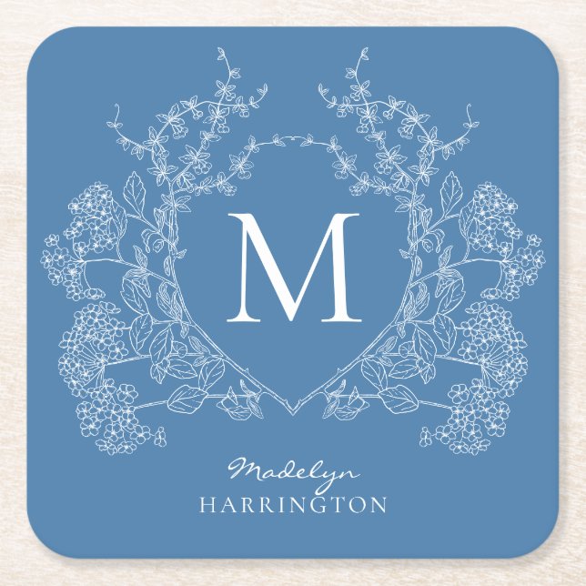 Modern French Blue Floral Crest Monogram Square Paper Coaster (Front)