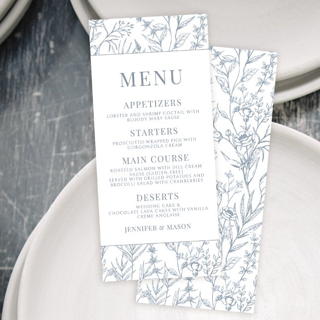 Modern French blue floral wedding menu cards (Creator Uploaded)