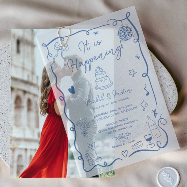 Modern French Blue Quirky Scribble Retro Wedding Vellum Invitations (Modern French Blue Quirky Scribble Retro Wedding Vellum Invitations)