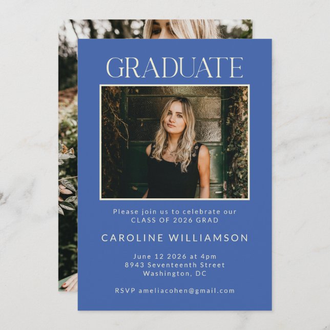 Modern French Blue Two Photo Graduation Party Invitation (Front/Back)