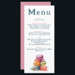 Modern French Macaron Wedding Menu<br><div class="desc">This elegant wedding menu features a playful watercolor illustration of colourful French macarons, adding a touch of Parisian charm and whimsy to your event dinner details. The clean white front displays each course in a modern serif font, with soft blush pink headings for a romantic accent. The reverse side is...</div>