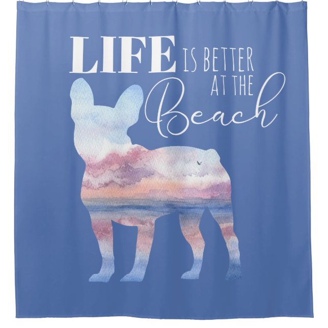 Modern Frenchie Beach Scene Pink and Blue Shower Curtain (Front)