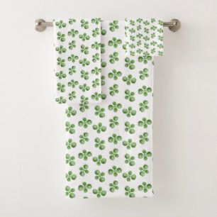 Modern Friendly Green Succulent Leaves on White Bath Towel Set