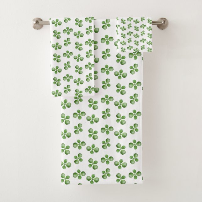 Modern Friendly Green Succulent Leaves on White Bath Towel Set (Insitu)
