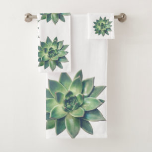 Modern Friendly Green Succulent Plant on White Bath Towel Set