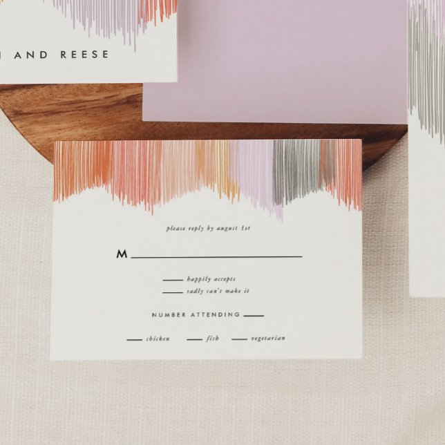 Modern Fringe Wedding RSVP Cards (Pink Modern Fringe RSVP correspondence card.)