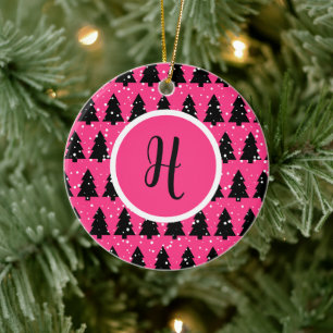 Modern Fuchsia & Black Christmas Tree Monogram Ceramic Ornament
