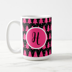 Modern Fuchsia & Black Christmas Tree Monogram Cof Coffee Mug