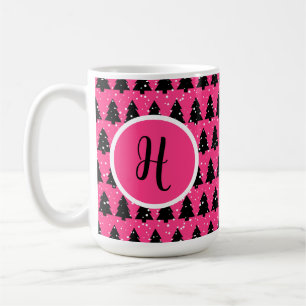 Modern Fuchsia & Black Christmas Tree Monogram  Coffee Mug
