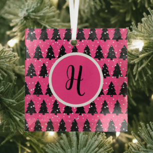 Modern Fuchsia & Black Christmas Tree Monogram Glass Tree Decoration