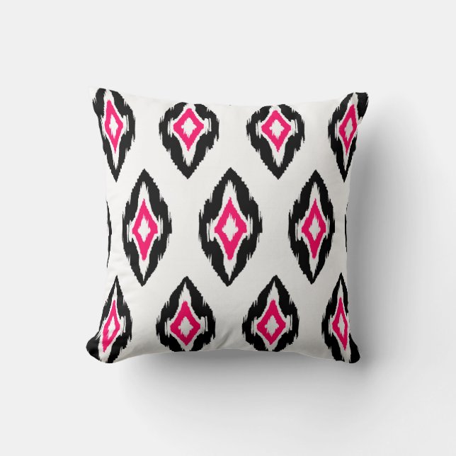 Modern fuchsia black white Ikat Tribal Pattern 1b Cushion (Front)