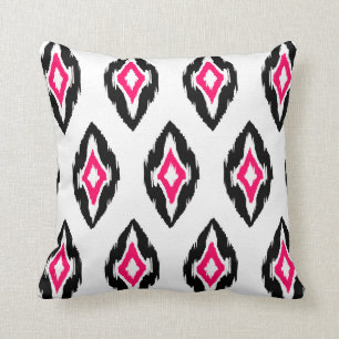 Modern fuchsia black white Ikat Tribal Pattern 1b Cushion
