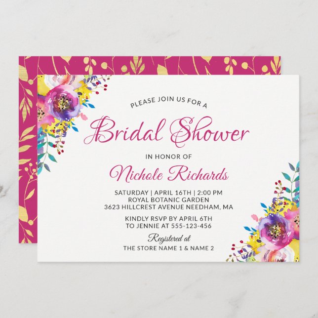 Modern Fuchsia Gold Floral Blossom Bridal Shower Invitation (Front/Back)