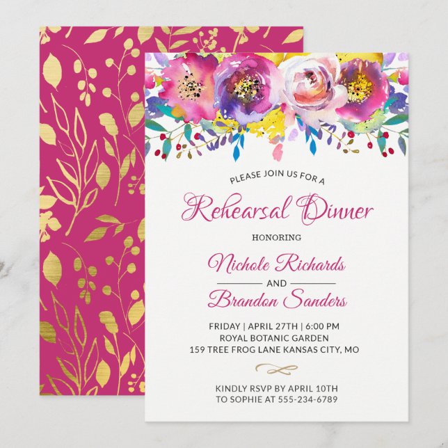 Modern Fuchsia Gold floral Garden Rehearsal Dinner Invitation (Front/Back)