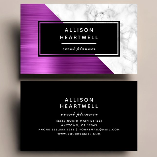 Modern Fuchsia Pink Brushed Metal Marble Black Business Card (Creator Uploaded)