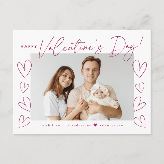 Modern Fuchsia Script Valentine's Day Photo Holiday Postcard (Front)