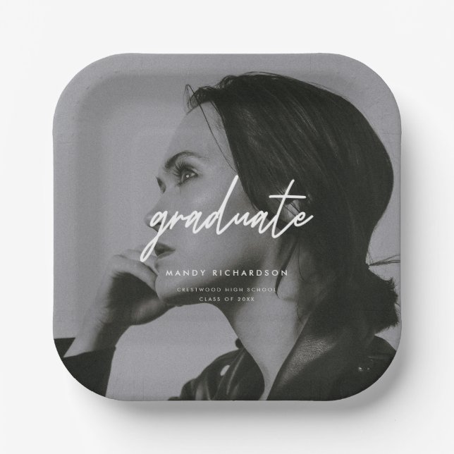 Modern Full Photo Script Custom Graduation Party Paper Plate (Front)