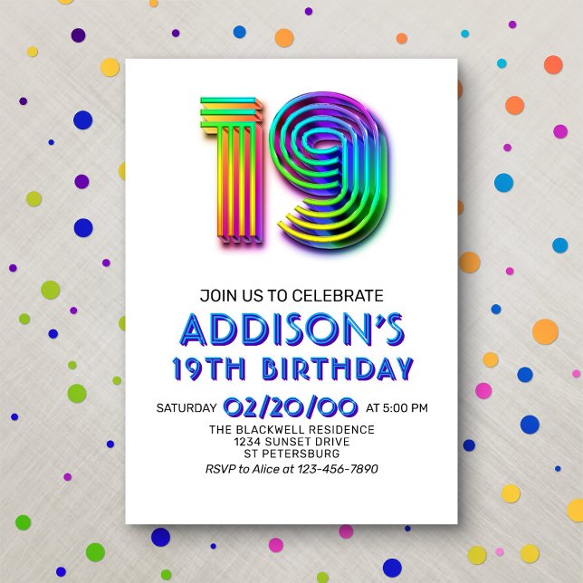 Modern Fun 19th Birthday Invitation (Creator Uploaded)