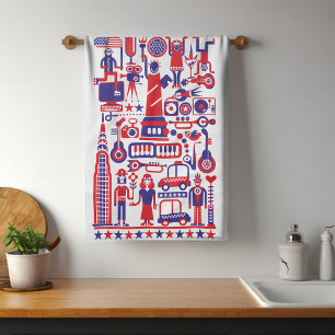 Modern Fun 4th of July USA America Icons Tea Towel