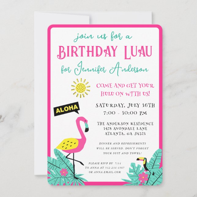 Modern Fun Aloha Tropical Luau Birthday Invitation (Front)