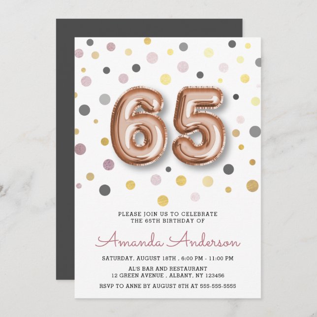 Modern Fun Balloon 65th Birthday Party Invitation (Front/Back)