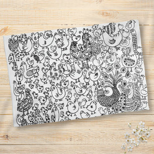 Modern Fun Birds Black and White Pattern Tea Towel