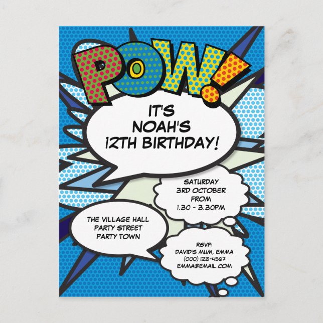 Modern Fun Blue Birthday Comic POW Any Age Invitation Postcard (Front)